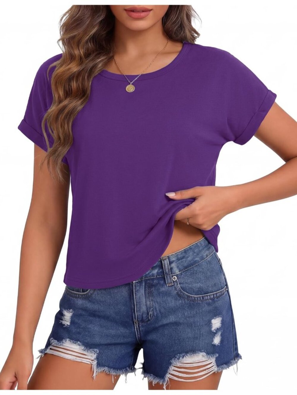 Women's Purple Roll Short Sleeve Crewneck Loose Fit Boxy Pull On Crop Tops